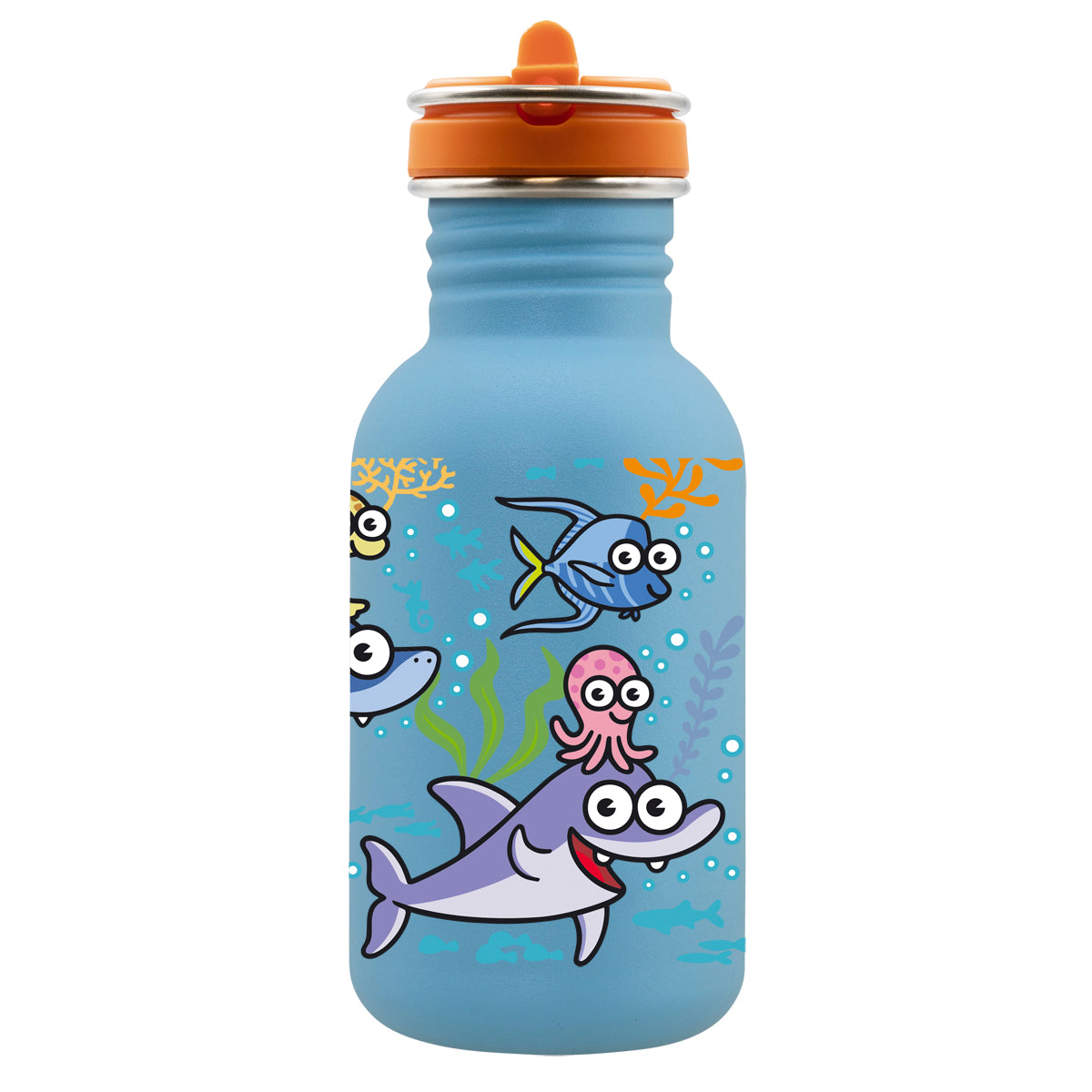 Botella Infantil, Sea Friends - Basic Steel Celeste Con Tapón Flow 0,5 L